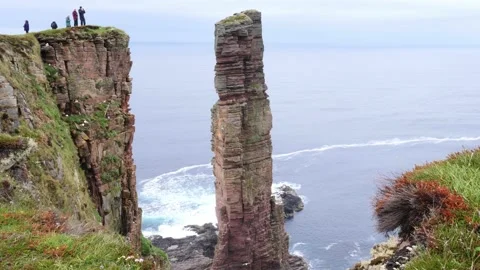 Tourists looking down at the Old Man of Hoy in Orkney Stock Footage 201526713