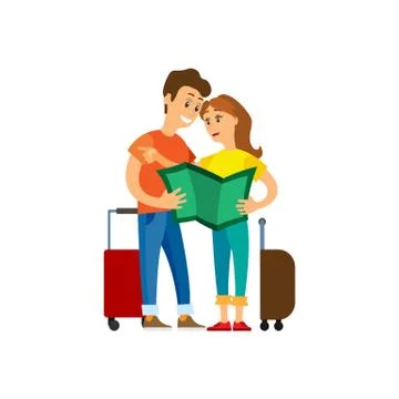 Tourists Looking at Map, Lost People Travelers Stock Illustration