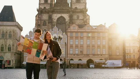 Tourists looking to the map in Prague, Czech Stock Footage 103223751
