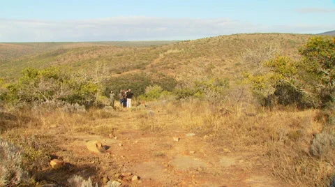 Tourists looking through binoculars at ranch Stock Footage 54591223