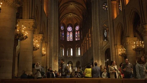 Tourists looking through the interior of Notre Dame Cathedral. Stock Footage 87645050