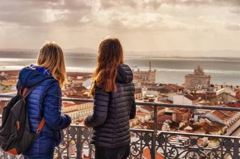 Tourists looking at the view from Elevador de Santa Justa Stock Photos