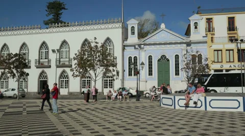 Tourists in main square, angra do heroismo, terceira island, azores, portugal Stock Footage 33306389