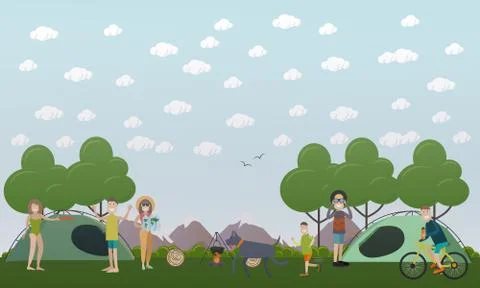Tourists making a camp vector illustration in flat style Stockillustratie