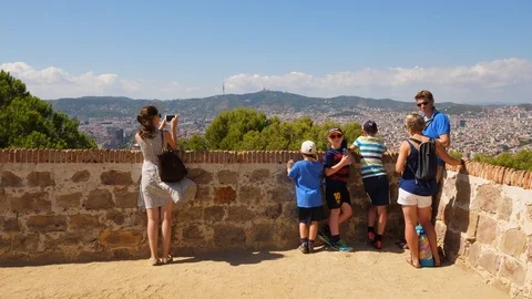 Tourists on Montjuic viewing point Stock Footage 99010927