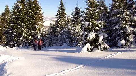 Tourists in the mountains in winter make their way through deep snow. Stock Footage 81068311