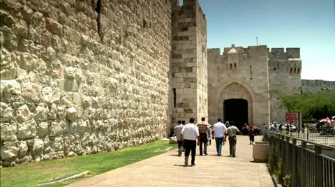 Tourists next to Jaffa Gate of Old Jerusalem 2 Stock Footage 18173190
