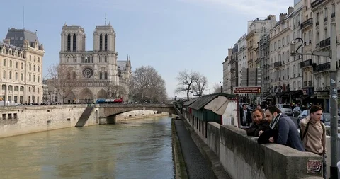 Tourists Notre-Dame de Paris. It is a medieval Catholic cathedral Paris, France Stock Footage 87966751