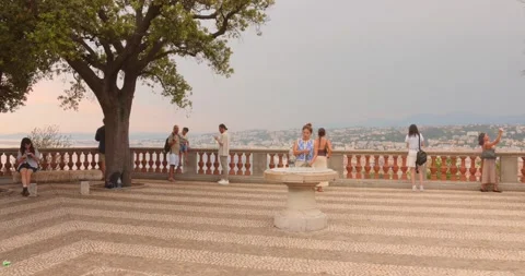 Tourists At Observation Deck Of Bellanda Tower On Castle Hill In Nice, France Stock Footage 345171420
