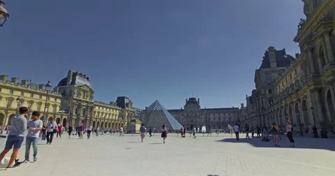Tourists outside Louvre museum on a sunny day. Dolly camera movement. Stock Footage