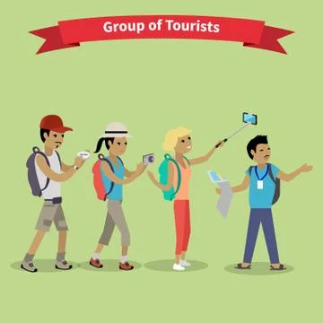 Tourists People Group Flat Style Stock Illustration
