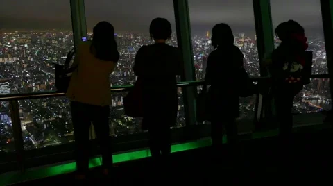 Tourists People Visiting Skytree Tower Night Aerial View Tokyo Japan Stock Footage
