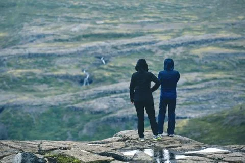 Tourists posing on nature Stock Photos