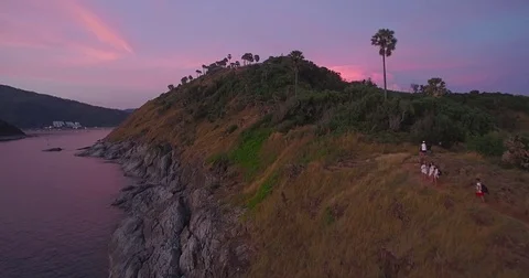 Tourists On Promthep Cape Viewpoint At Sunset, Phuket, Thailand, Aerial Push 스톡 동영상 80273671