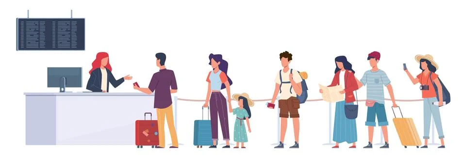 Tourists in queue. Air flight check, passengers registration in airport terminal Stock Illustration