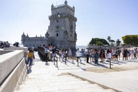 Tourists queue to enter in Torre de Belem monument. Belem Tower in Lisbon Stock Photos
