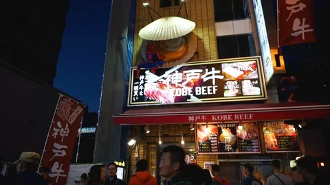 Tourists on the queue at kobe beef steak shop Stock Footage 87448884