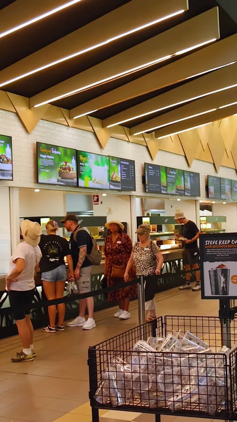 Tourists Queue at Modern Zoo Cafeteria Stock Footage 333289140