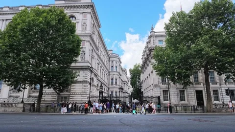 Tourists queue outside the Downing Street gates as vans and black cabs drive Video stock 345812262