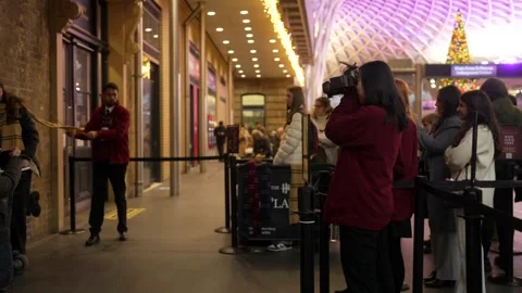 Tourists queue to take photos with the iconic Harry Potter trolley at Platform Stock Footage 295254486