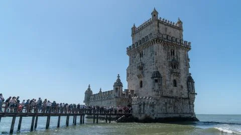 Tourists in queue to visit the Belem tower at the bank of Tejo River in Lisbo Stock Photos