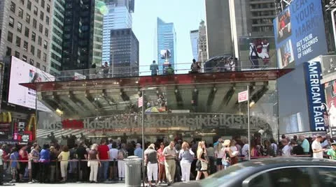 Tourists queuing for tickets at the TKTS booth in Times Square Stock Footage