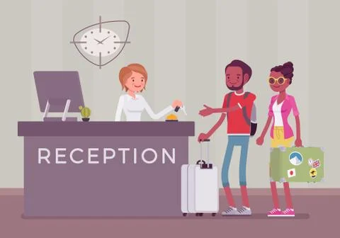 Tourists at reception in a hotel Ilustração Stock