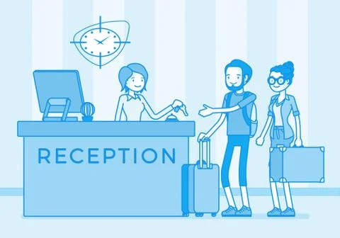 Tourists at reception in a hotel Ilustração Stock