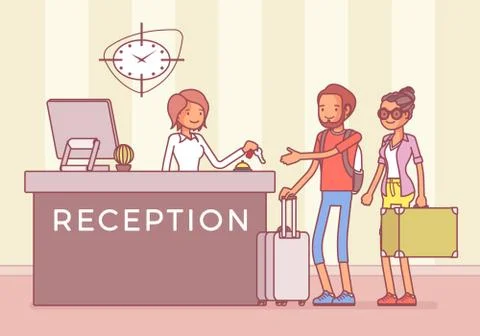 Tourists at reception in a hotel Ilustração Stock