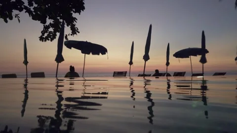 Tourists relaxing in infinity pool at sunset Stock-Footage 311713533