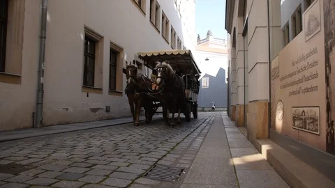 Tourists ride on traditional carriage around narrow streets in Dresden Stock Footage