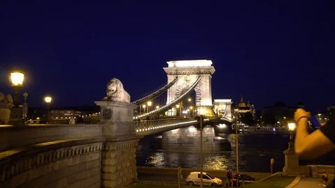 Tourists River Danube Enlighted Chain Bridge Night Budapest Hungary Stock Footage 102607010