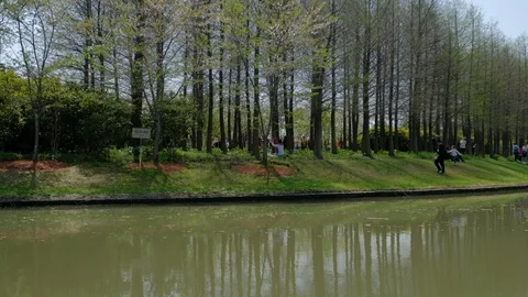 Tourists on the side of the spring river 스톡 동영상 107750083