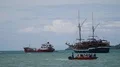 Tourists in small boat on sea arrive wooden landing stage in Asia 4k or 4k+ Resolution