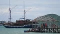 Tourists in small boat on sea arrive wooden landing stage in Asia 4k or 4k+ Resolution
