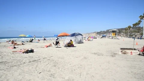 Tourists spending the day on La Jolla Shores Beach in San Diego, Califronia Stock Footage