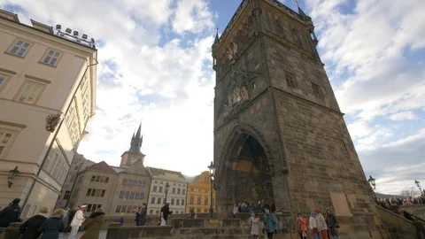 Tourists on the square in front of the old town tower, Prague, Czech Republic Stock Footage 86331935