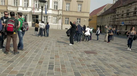 Tourists on the St. Mark's square in Zagreb, Croatia Stock Footage 37335246