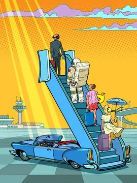 Tourists stand on the ladder to the plane. Lockdown and flight bans. Waiting for Stock Illustration