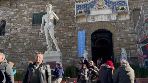 Tourists stroll under the statue of David by Michelangelo. Stock Footage 233745435