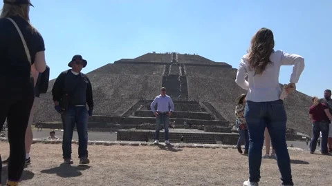 Tourists Taking Photos Next To Pyramid Of The Sun At Teotihuacan, Mexico City Stock Footage 154635250