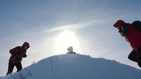 Tourists teamwork, climbing the mountain, helping each other, reaching the top Stock-Footage 105215548