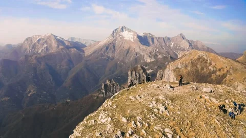 Tourists on the top of Monte Matanna in Apuan Alps in Tuscany, Italy drone 4k Stock Footage