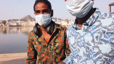 Tourists toruism taking precations during coronavirus pandemic in Pushkar Stock Footage 145192524