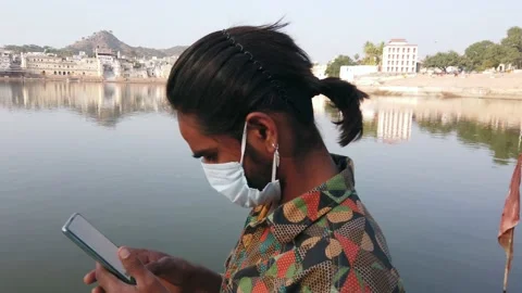 Tourists toruism taking precations during coronavirus pandemic in Pushkar Stock Footage 145192682