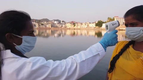 Tourists toruism taking precations during coronavirus pandemic in Pushkar Stock Footage 145192873