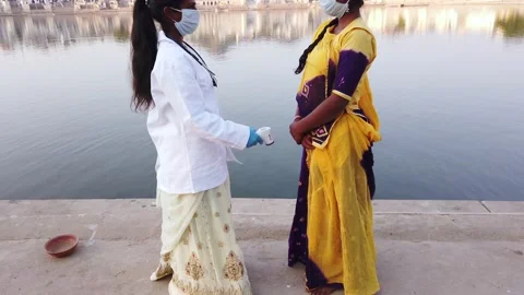 Tourists toruism taking precations during coronavirus pandemic in Pushkar Stock Footage 145192895