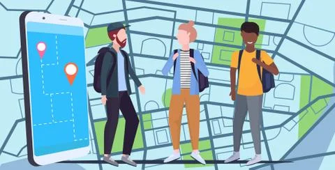 Tourists using mobile navigation app with location marker walking road on Stock Illustration