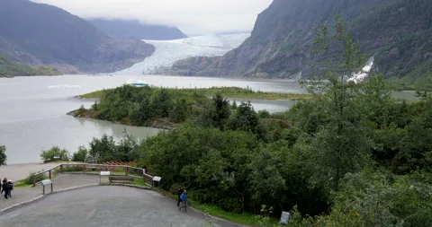 Tourists at view point for Mendenhall Glacier Alaska Stock Footage 208551069