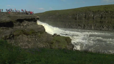 Tourists on viewing platform at top of gullfoss waterfall Stock Footage 31215752